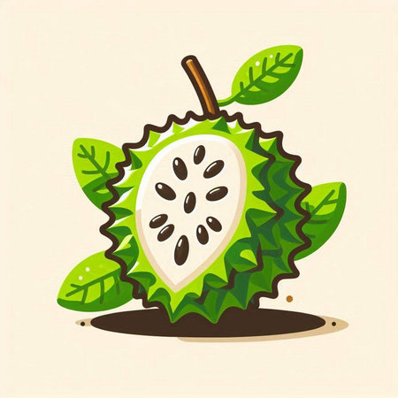 Soursop fruit vector illustration. Exotic fruit with green leavesのイラスト素材