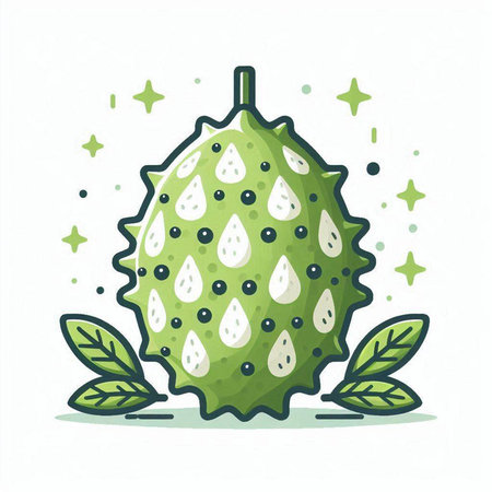 Soursop fruit vector illustration. Exotic tropical fruit with green leaves isolated on white background.のイラスト素材
