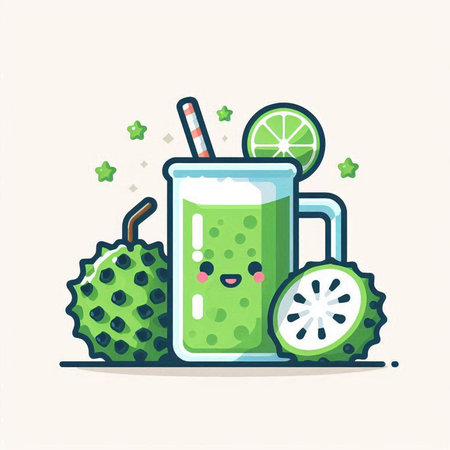 Cute kawaii green smoothie character in flat style.のイラスト素材