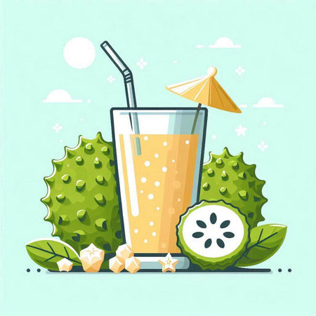Vector illustration of a glass of fresh smoothie with a straw and a slice of durian.のイラスト素材