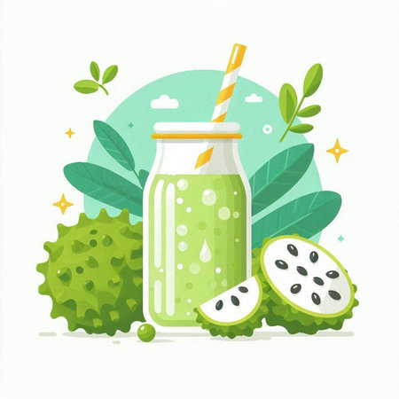 Green smoothie in a glass bottle with a straw. Vector illustration.のイラスト素材