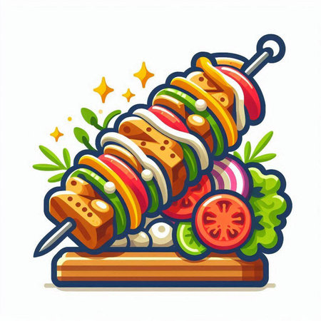 Grilled kebab on skewer with vegetables. Vector illustration.のイラスト素材