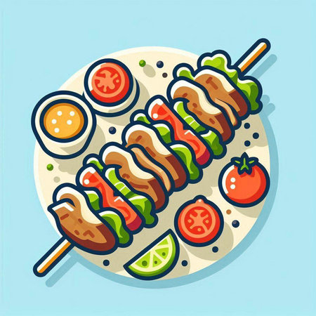 Skewers with vegetables and sauce. Vector illustration in flat styleのイラスト素材
