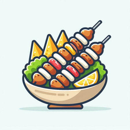 Kebab, shish kebab in a bowl. Vector illustration.のイラスト素材