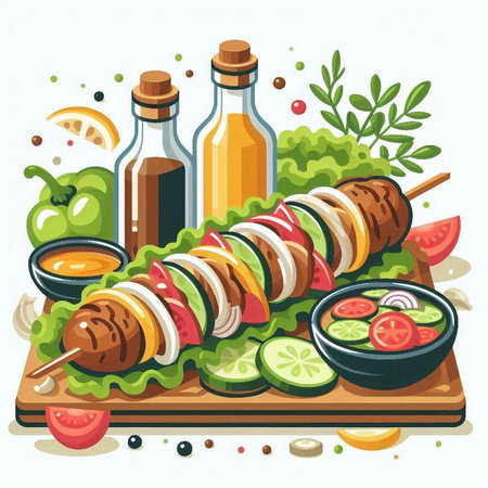 Shish kebab with vegetables and sauce. Vector illustration.のイラスト素材