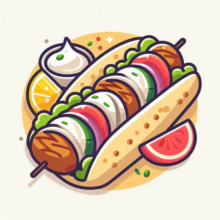 Illustration of a hot dog with vegetables and sauce, vector illustrationのイラスト素材