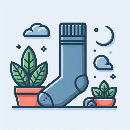 Socks and plants in pots. Flat line style vector illustration.のイラスト素材