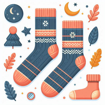 Set of Christmas and New Year socks. Vector illustration in flat styleのイラスト素材