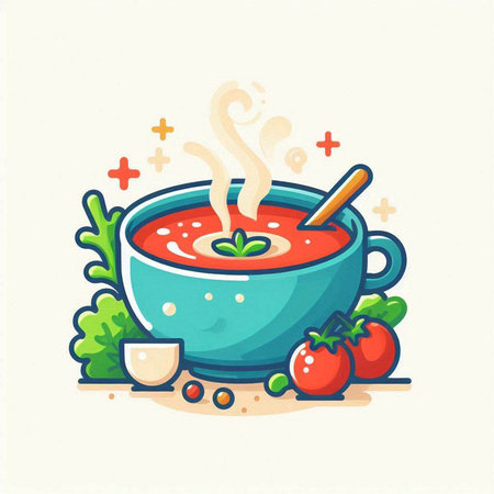 Tomato soup in a bowl. Vector illustration, flat design.のイラスト素材