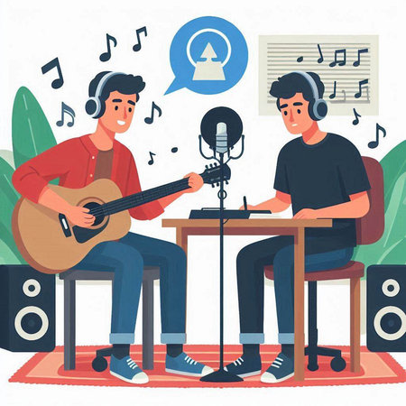 Vector illustration of a man playing guitar and singing a song in a recording studioのイラスト素材