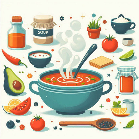 Tomato soup in a pot and ingredients for cooking. Vector illustration.のイラスト素材