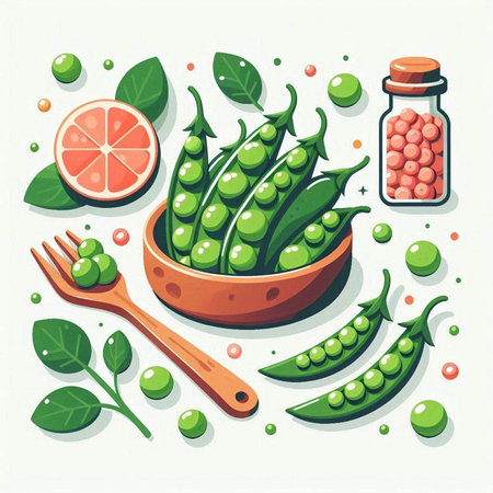 Vector illustration of fresh green peas in a wooden bowl with a spoon.のイラスト素材