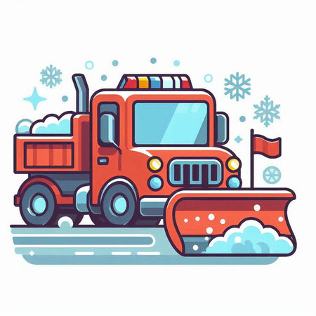 Snow removal vehicle. Snowplow and snowflakes. Vector illustration.のイラスト素材