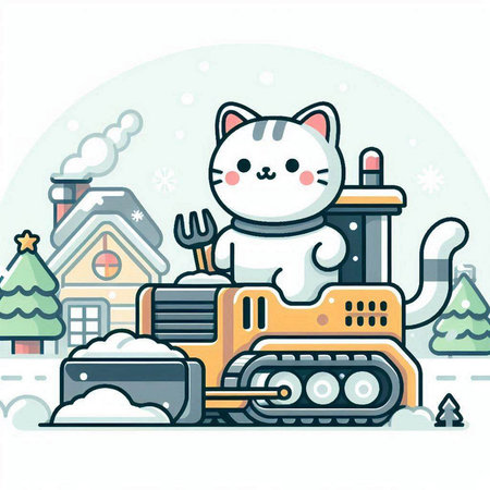 Vector illustration of cute cat with snow plow in the village.のイラスト素材