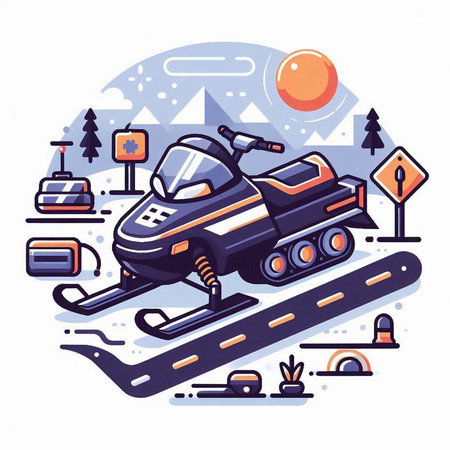 Snowmobile on the road. Vector illustration in a flat style.のイラスト素材