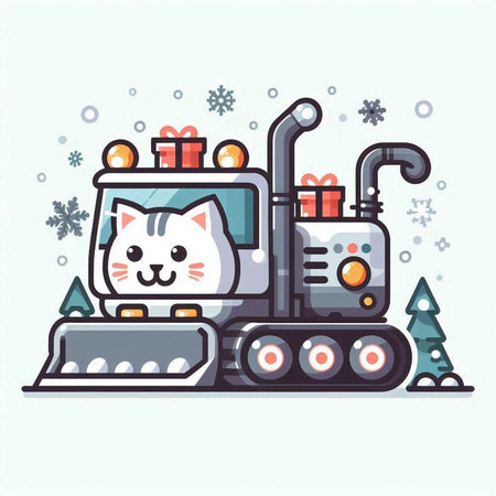 Vector illustration of a cute cat on a snowplow with gifts.のイラスト素材