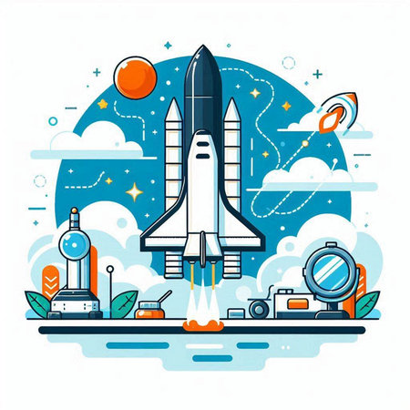 Space travel concept. Vector illustration in flat linear style. Spaceship, spaceship, rocket, astronaut, astronaut, rocket, solar system, planets, stars.のイラスト素材