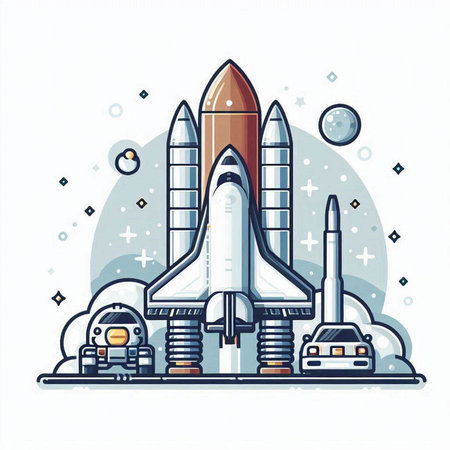 Space rocket and astronaut in space. Vector illustration, flat design.のイラスト素材