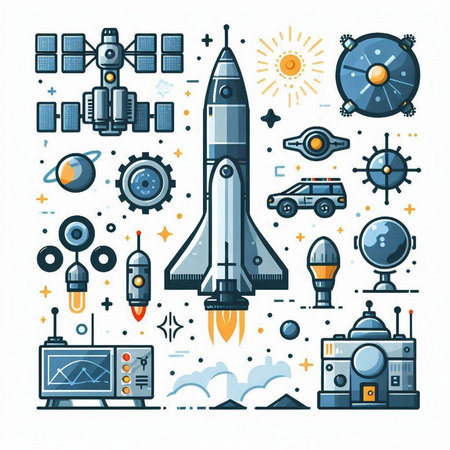 Space exploration flat line icons set with rocket and satellite isolated vector illustrationのイラスト素材