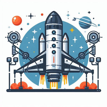 Space rocket in space with planets and stars. Vector illustration in flat styleのイラスト素材