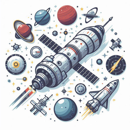 Space exploration and astronautics vector illustration. Astronaut, spaceship, planet, rocket, spaceship, ufo, satellite, spaceship, asteroid, comet, star.のイラスト素材