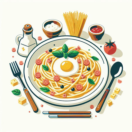 Spaghetti with tomato sauce, egg and basil. Vector illustration.のイラスト素材