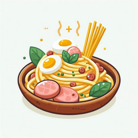 Spaghetti with sausage, egg and basil in bowl. Vector illustration.のイラスト素材