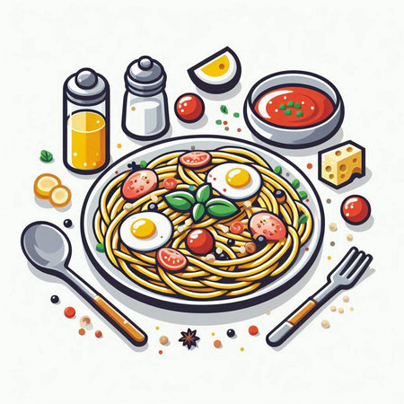 Spaghetti pasta with tomato sauce, egg and basil. Vector illustration.のイラスト素材