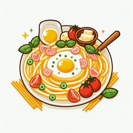 Spaghetti with egg, ham, tomato and basil. Vector illustration.のイラスト素材