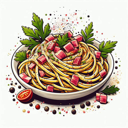 Spaghetti with ham and parsley in bowl. Vector illustration.のイラスト素材