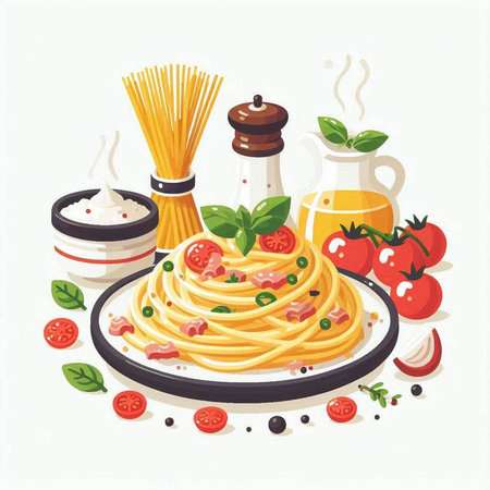 Spaghetti with tomato sauce and basil on white background. Vector illustration.のイラスト素材