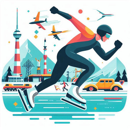 Ice skating vector illustration. Winter sport, outdoor activity, healthy lifestyle.のイラスト素材
