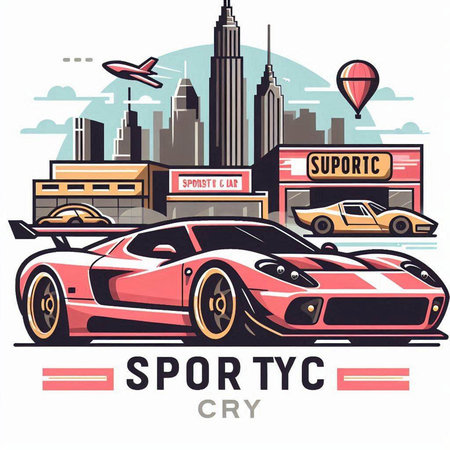 Sport car on the background of skyscrapers and buildings. Vector illustrationのイラスト素材