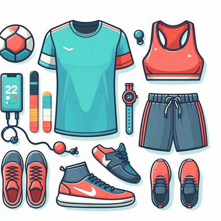 Set of sport equipment and clothes on white background. Vector illustration.のイラスト素材