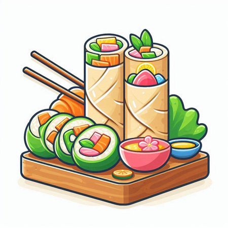 Vector illustration of a sushi roll with chopsticks and soy sauce.のイラスト素材