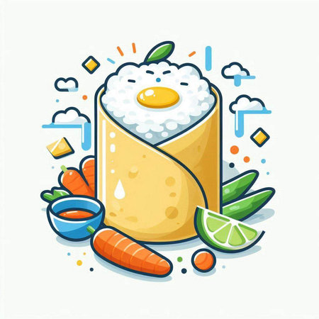 Illustration of sushi roll with egg and vegetables on white background.のイラスト素材