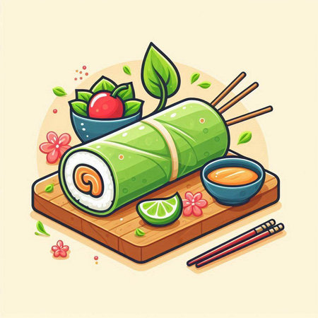 Illustration of sushi roll with chopsticks, wasabi and sauceのイラスト素材