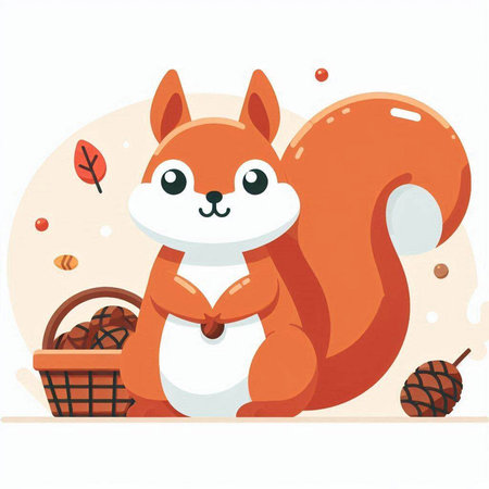 Cute squirrel with a basket of nuts. Vector illustration in cartoon style.のイラスト素材