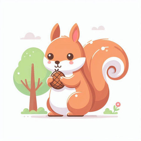 Cute squirrel holding acorn in his paws. Vector illustration.のイラスト素材