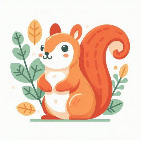 Cute squirrel with autumn leaves. Vector illustration in flat cartoon style.のイラスト素材