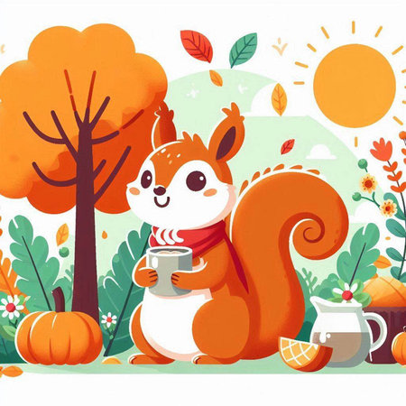 Cute squirrel with cup of tea in autumn forest. Vector illustration.のイラスト素材