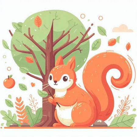 Cute squirrel sitting on the tree in the forest. Vector illustrationのイラスト素材