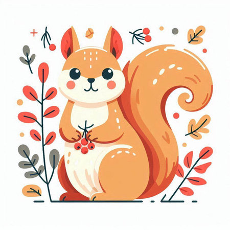 Cute squirrel with autumn leaves. Vector illustration in cartoon style.のイラスト素材