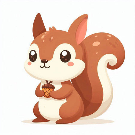 Cute cartoon squirrel with acorn. Vector illustration isolated on white background.のイラスト素材