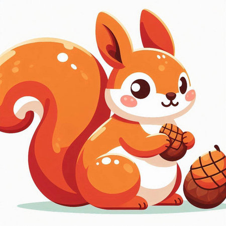 Cute cartoon squirrel with acorn on white background. Vector illustration.のイラスト素材