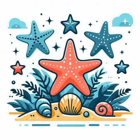 Starfish and seashells on the beach. Vector illustration.のイラスト素材