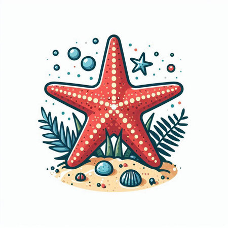 Starfish on the sand. Vector illustration in cartoon flat style.のイラスト素材
