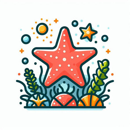 Colorful starfish and seaweed vector illustration in flat line styleのイラスト素材