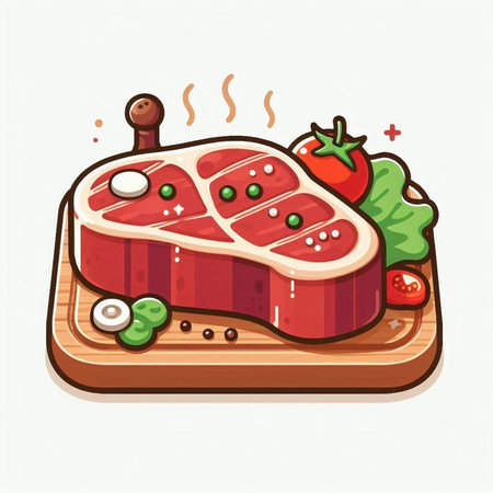 Illustration of a piece of meat on a cutting board with vegetablesのイラスト素材