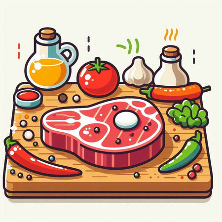 Steak on cutting board with vegetables and spices. Vector illustration.のイラスト素材
